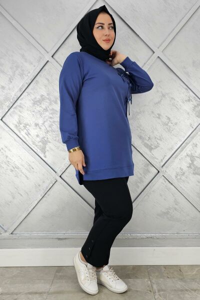 KADIN DÜĞME TAŞ DETAYLI BİYELİ TESETTÜR TUNİK İNDİGO - 2XL