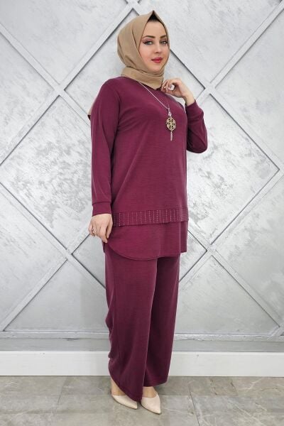 KADIN KOLYE VE TAŞ DETAYLI TESETTÜR TAKIM BORDO - 4 BEDEN