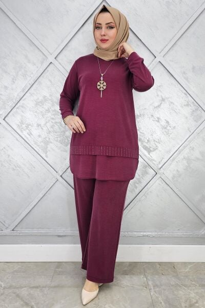 KADIN KOLYE VE TAŞ DETAYLI TESETTÜR TAKIM BORDO - 4 BEDEN