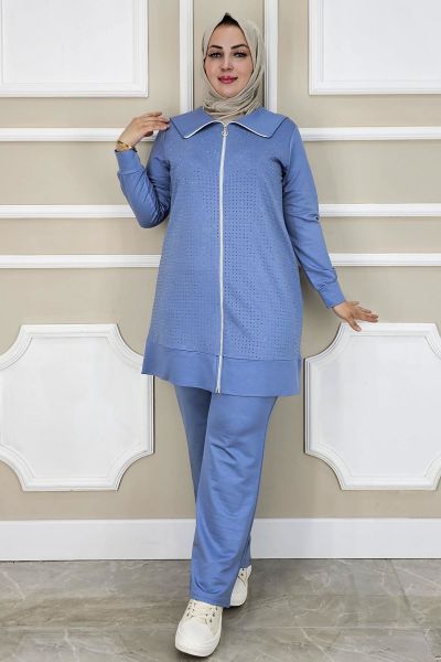PYS KADIN BEDEN TAŞ DETAYLI TESETTÜR TAKIM MAVİ - 5 BEDEN