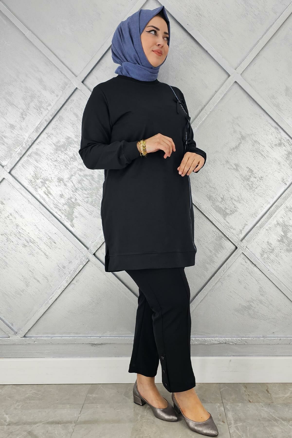 KADIN DÜĞME TAŞ DETAYLI BİYELİ TESETTÜR TUNİK SİYAH - 2XL