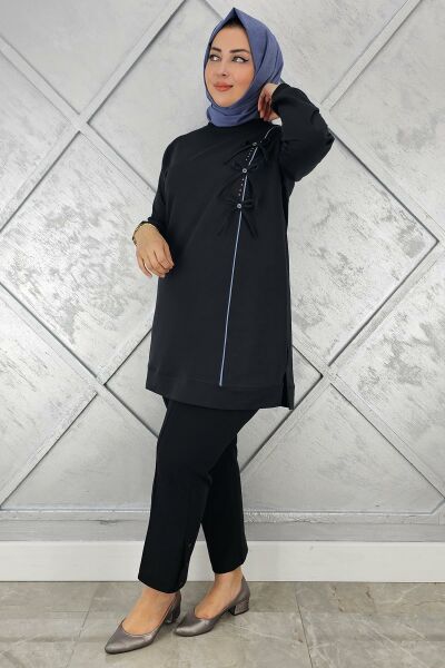 KADIN DÜĞME TAŞ DETAYLI BİYELİ TESETTÜR TUNİK SİYAH - 2XL