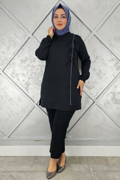 KADIN DÜĞME TAŞ DETAYLI BİYELİ TESETTÜR TUNİK SİYAH - 2XL