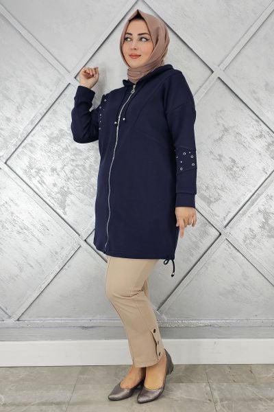 KADIN TAŞ DETAYLI KAPÜŞONLU TESETTÜR GİY ÇIK LACİVERT - 5 BEDEN
