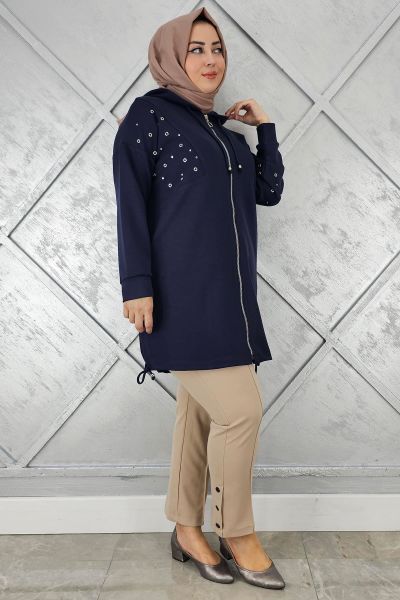 KADIN TAŞ DETAYLI KAPÜŞONLU TESETTÜR GİY ÇIK LACİVERT - 5 BEDEN