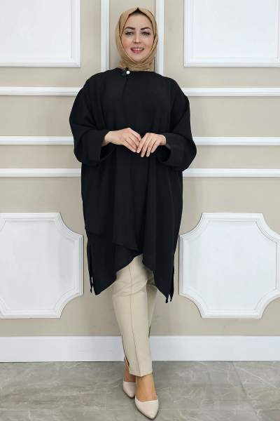 PYS KADIN ASİMETRİK KESİM YAKA KISMI BROŞ DETAYLI TESETTÜR TUNİK SİYAH - 3 BEDEN