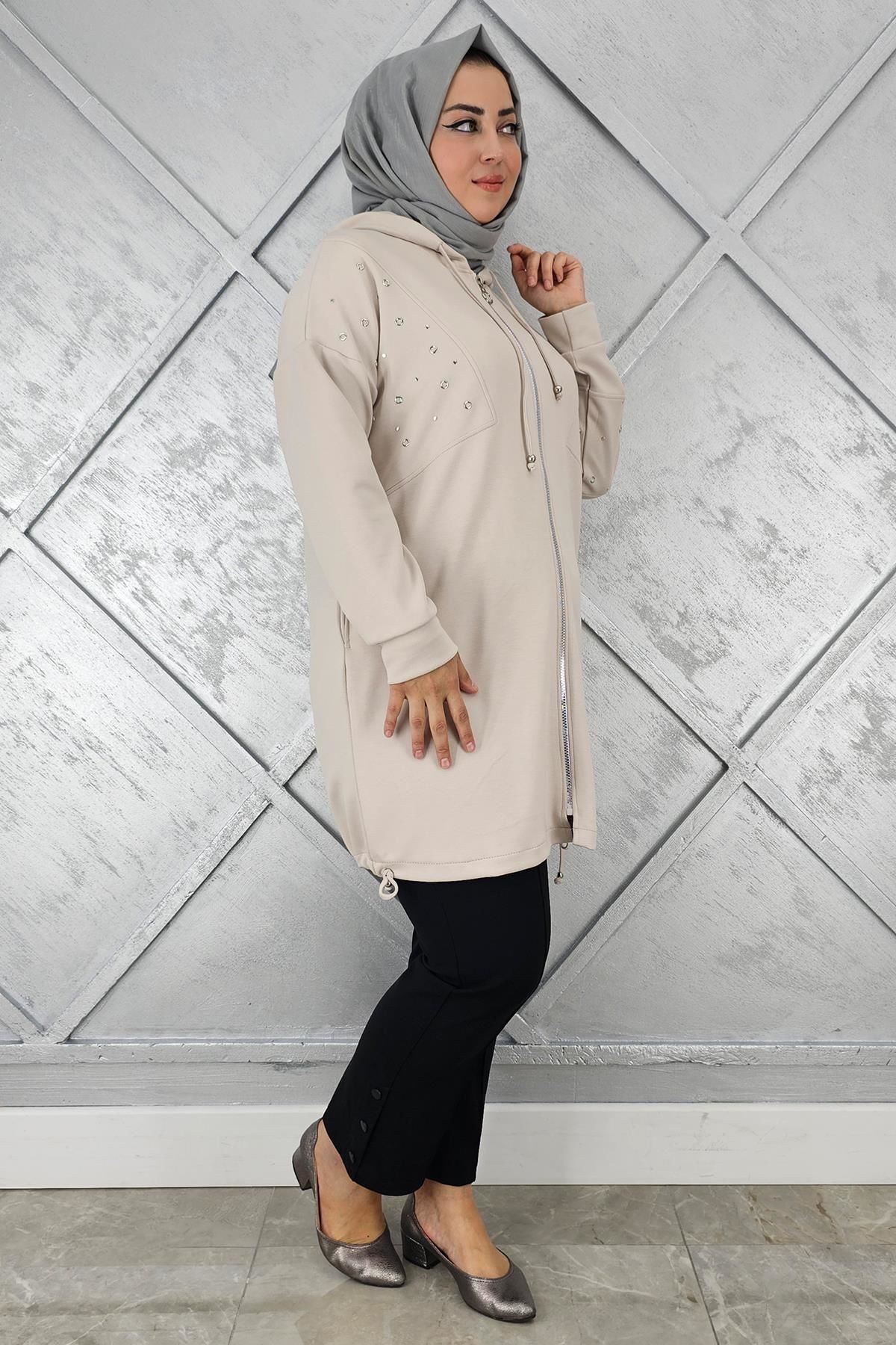 KADIN TAŞ DETAYLI KAPÜŞONLU TESETTÜR GİY ÇIK TAŞ - 2 BEDEN