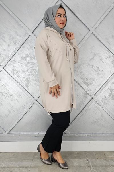 KADIN TAŞ DETAYLI KAPÜŞONLU TESETTÜR GİY ÇIK TAŞ - 2 BEDEN