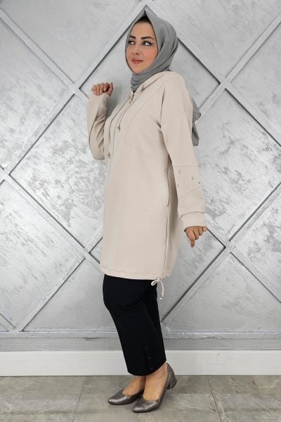 KADIN TAŞ DETAYLI KAPÜŞONLU TESETTÜR GİY ÇIK TAŞ - 2 BEDEN