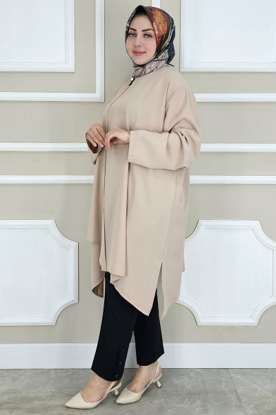 PYS KADIN ASİMETRİK KESİM YAKA KISMI BROŞ DETAYLI TESETTÜR TUNİK SÜTLÜ KAHVE - 3 BEDEN