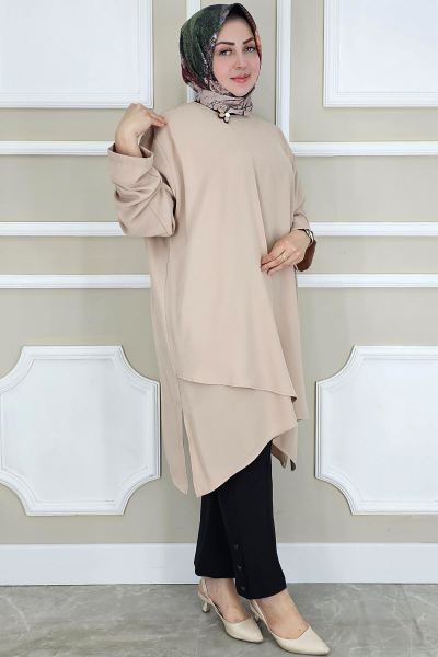 PYS KADIN ASİMETRİK KESİM YAKA KISMI BROŞ DETAYLI TESETTÜR TUNİK SÜTLÜ KAHVE - 5 BEDEN