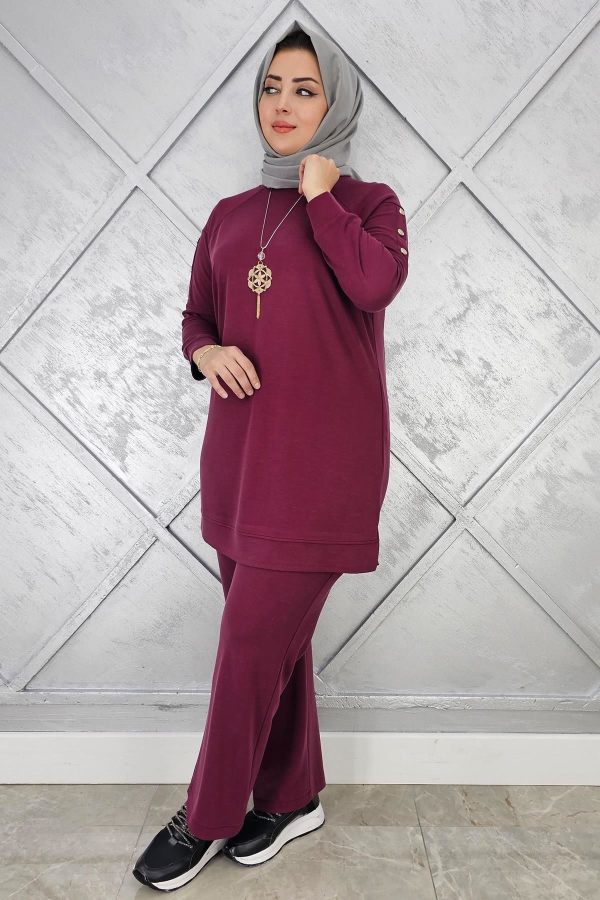 KADIN KOL KISMI ÇIT ÇIT DETAYLI KOLYELİ TESETTÜR TAKIM BORDO - 5 BEDEN