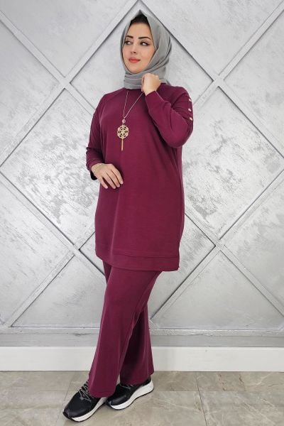 KADIN KOL KISMI ÇIT ÇIT DETAYLI KOLYELİ TESETTÜR TAKIM BORDO - 5 BEDEN