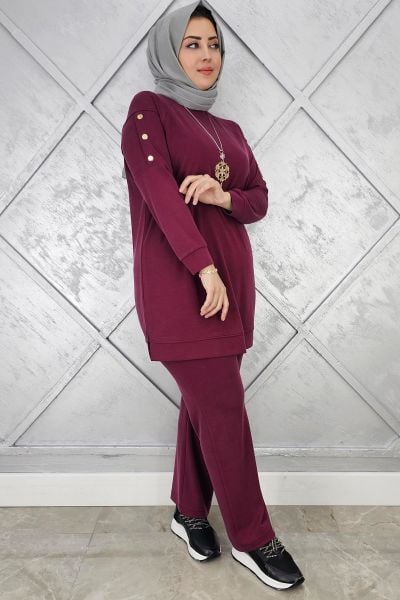 KADIN KOL KISMI ÇIT ÇIT DETAYLI KOLYELİ TESETTÜR TAKIM BORDO - 5 BEDEN
