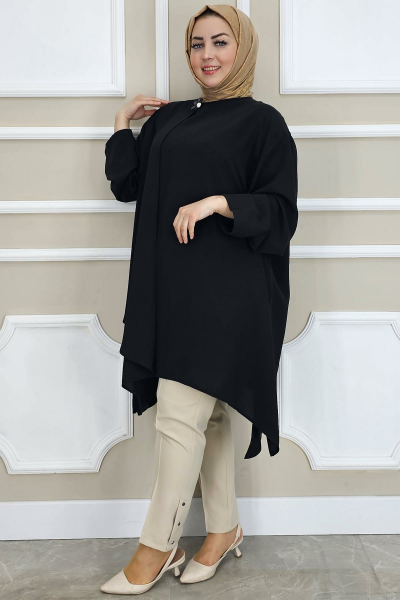 PYS KADIN ASİMETRİK KESİM YAKA KISMI BROŞ DETAYLI TESETTÜR TUNİK SİYAH - 4 BEDEN
