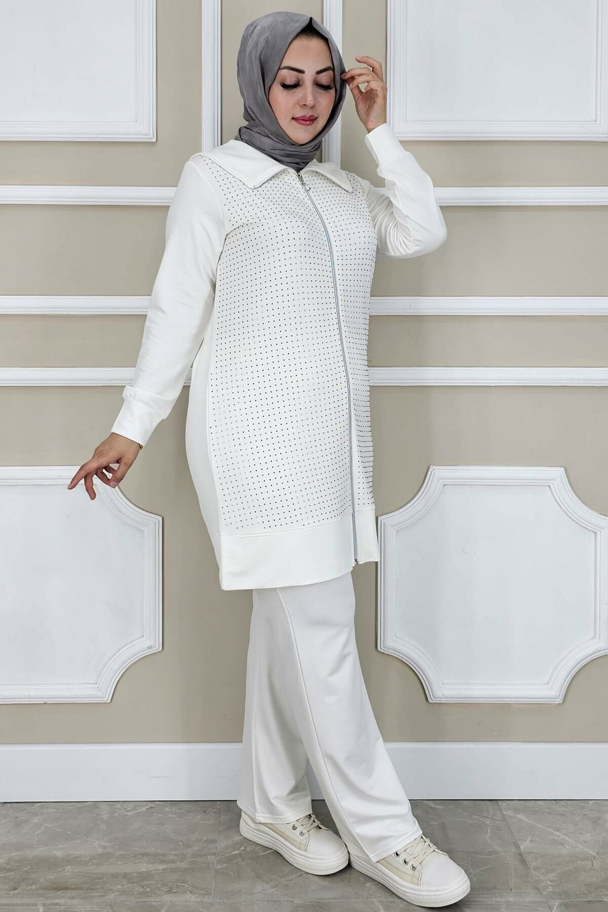 PYS KADIN BEDEN TAŞ DETAYLI TESETTÜR TAKIM EKRU - 5 BEDEN