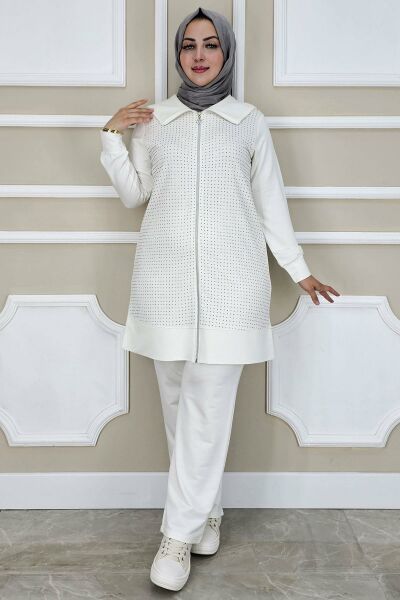 PYS KADIN BEDEN TAŞ DETAYLI TESETTÜR TAKIM EKRU - 5 BEDEN
