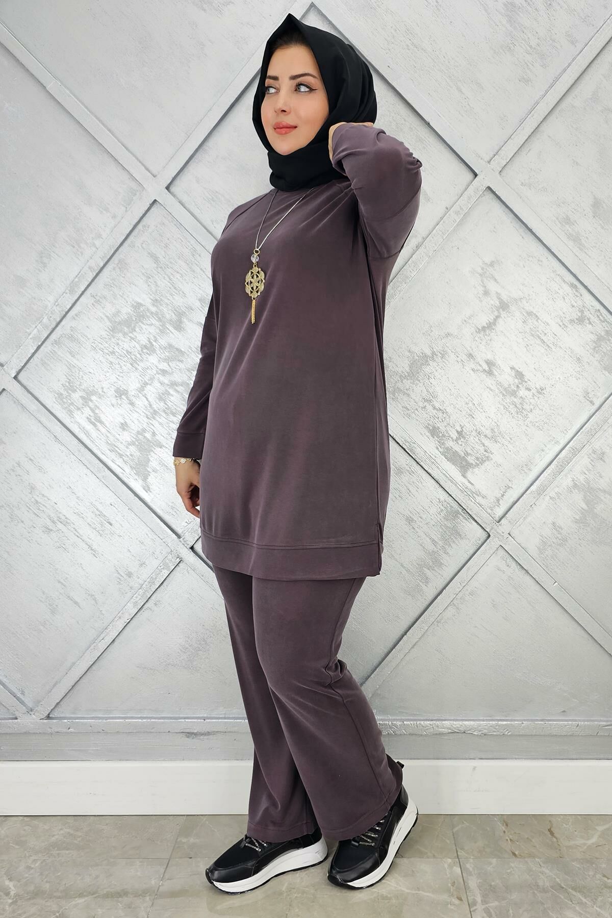 KADIN KOL KISMI ÇIT ÇIT DETAYLI KOLYELİ TESETTÜR TAKIM KAHVERENGİ - 5 BEDEN