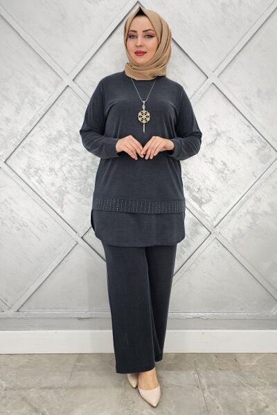 KADIN KOLYE VE TAŞ DETAYLI TESETTÜR TAKIM SİYAH - 2 BEDEN