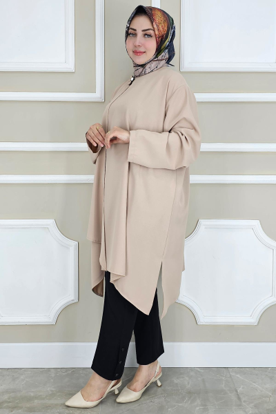 PYS KADIN ASİMETRİK KESİM YAKA KISMI BROŞ DETAYLI TESETTÜR TUNİK SÜTLÜ KAHVE - 4 BEDEN