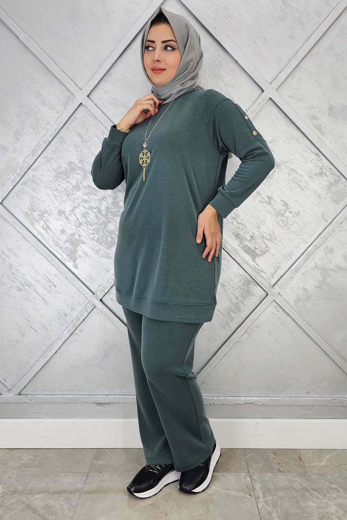 KADIN KOL KISMI ÇIT ÇIT DETAYLI KOLYELİ TESETTÜR TAKIM YEŞİL - 5 BEDEN