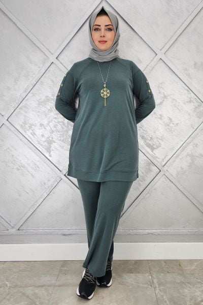 KADIN KOL KISMI ÇIT ÇIT DETAYLI KOLYELİ TESETTÜR TAKIM YEŞİL - 5 BEDEN