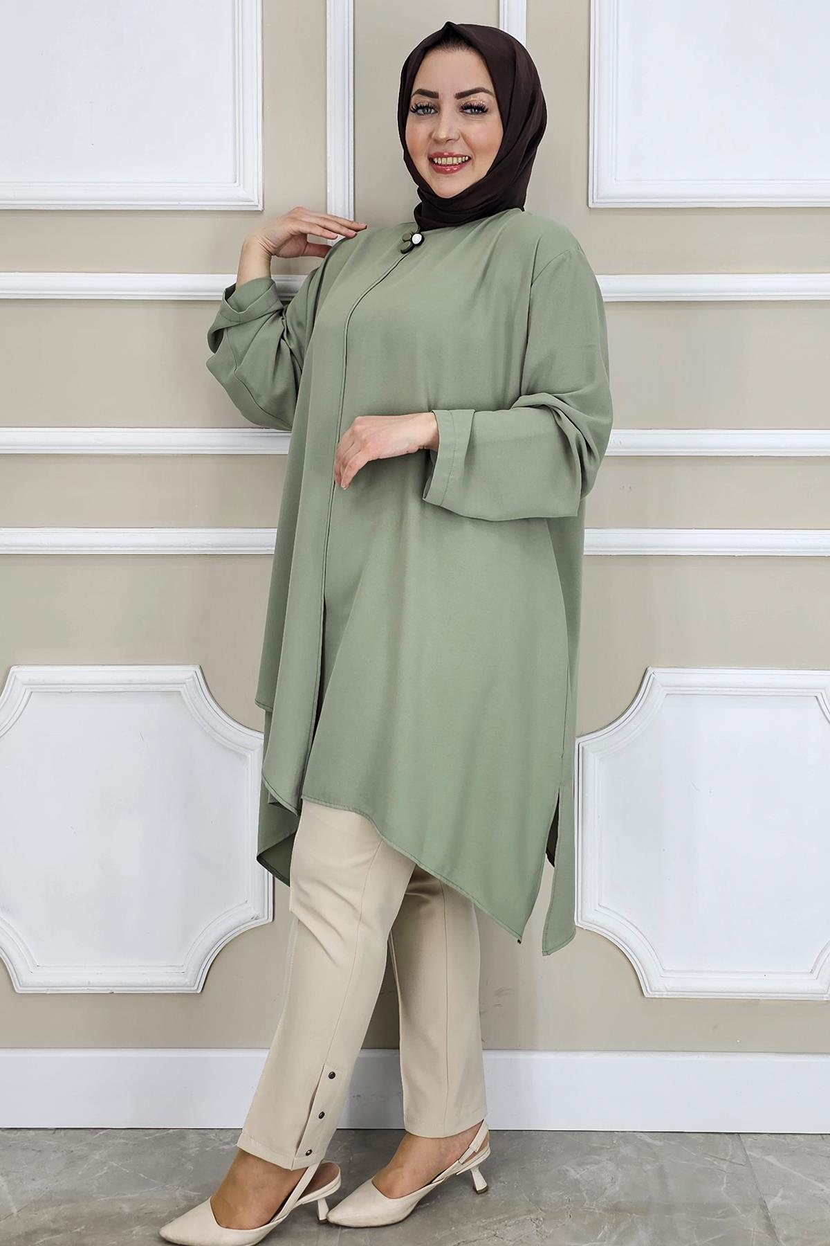 PYS KADIN ASİMETRİK KESİM YAKA KISMI BROŞ DETAYLI TESETTÜR TUNİK MİNT YEŞİLİ - 3 BEDEN