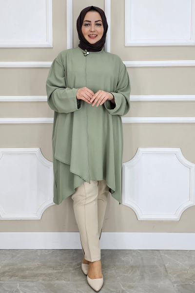 PYS KADIN ASİMETRİK KESİM YAKA KISMI BROŞ DETAYLI TESETTÜR TUNİK MİNT YEŞİLİ - 3 BEDEN