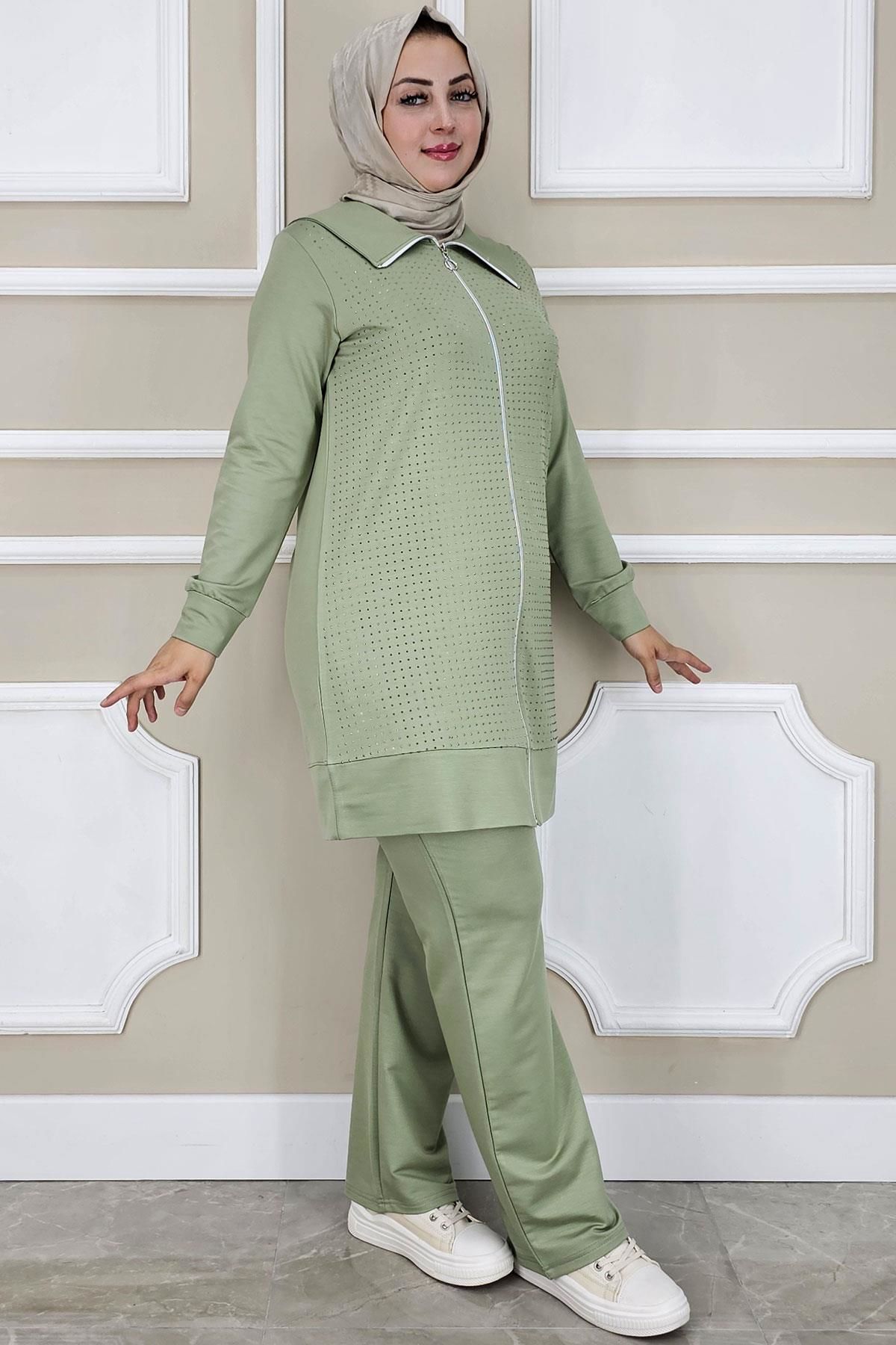 PYS KADIN BEDEN TAŞ DETAYLI TESETTÜR TAKIM YEŞİL - 3 BEDEN