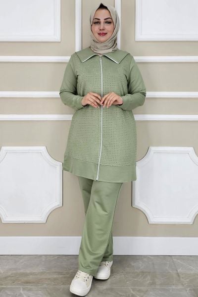 PYS KADIN BEDEN TAŞ DETAYLI TESETTÜR TAKIM YEŞİL - 3 BEDEN