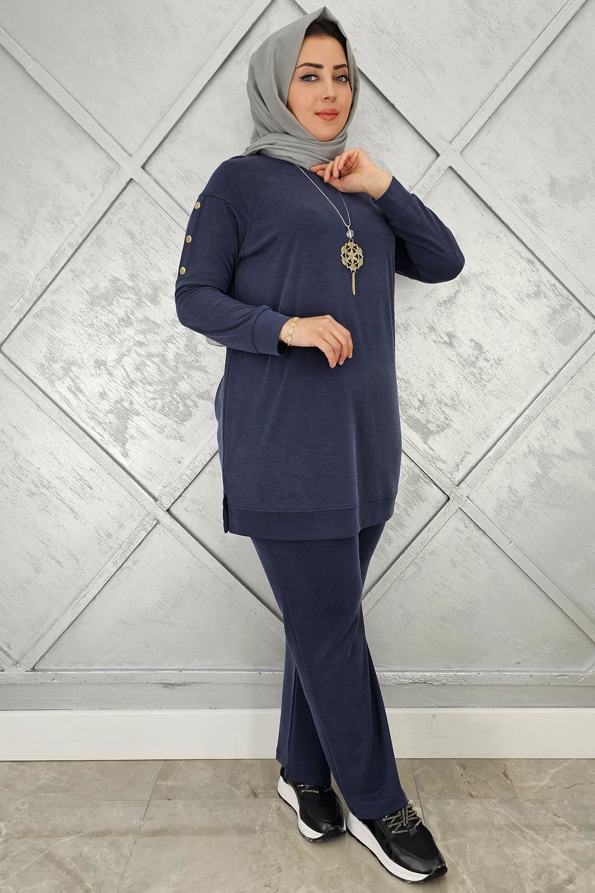 KADIN KOL KISMI ÇIT ÇIT DETAYLI KOLYELİ TESETTÜR TAKIM LACİVERT - 3 BEDEN