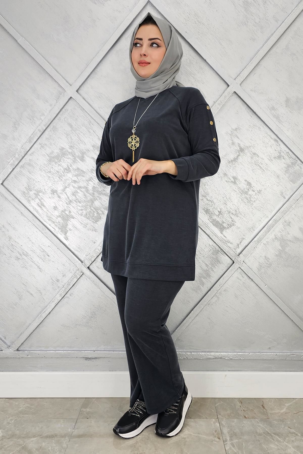 KADIN KOL KISMI ÇIT ÇIT DETAYLI KOLYELİ TESETTÜR TAKIM SİYAH - 5 BEDEN