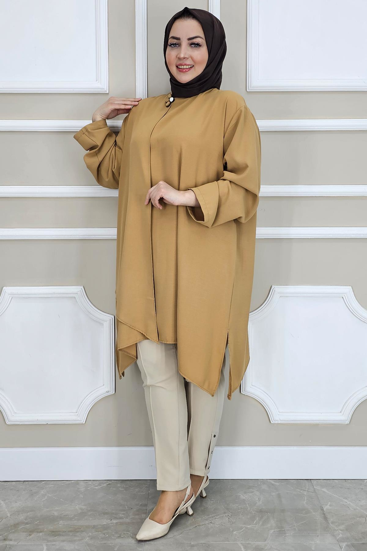 PYS KADIN ASİMETRİK KESİM YAKA KISMI BROŞ DETAYLI TESETTÜR TUNİK VİZON - 4 BEDEN