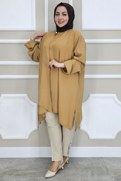 PYS KADIN ASİMETRİK KESİM YAKA KISMI BROŞ DETAYLI TESETTÜR TUNİK VİZON - 4 BEDEN