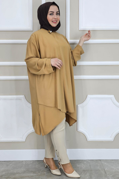 PYS KADIN ASİMETRİK KESİM YAKA KISMI BROŞ DETAYLI TESETTÜR TUNİK VİZON - 4 BEDEN