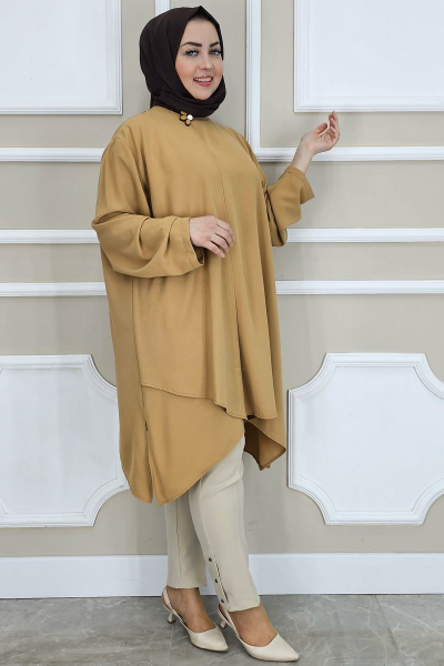 PYS KADIN ASİMETRİK KESİM YAKA KISMI BROŞ DETAYLI TESETTÜR TUNİK VİZON - 5 BEDEN