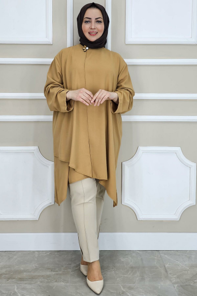 PYS KADIN ASİMETRİK KESİM YAKA KISMI BROŞ DETAYLI TESETTÜR TUNİK VİZON - 5 BEDEN