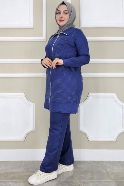 PYS KADIN BEDEN TAŞ DETAYLI TESETTÜR TAKIM İNDİGO - 4 BEDEN