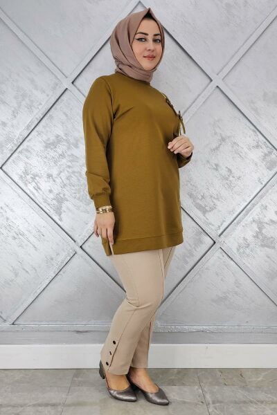 KADIN DÜĞME TAŞ DETAYLI BİYELİ TESETTÜR TUNİK YAĞ YEŞİLİ - L