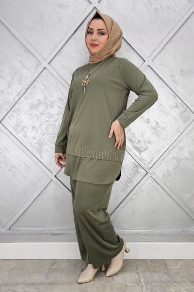 KADIN KOLYE VE TAŞ DETAYLI TESETTÜR TAKIM HAKİ - 5 BEDEN