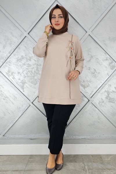 KADIN DÜĞME TAŞ DETAYLI BİYELİ TESETTÜR TUNİK BEJ - 2XL