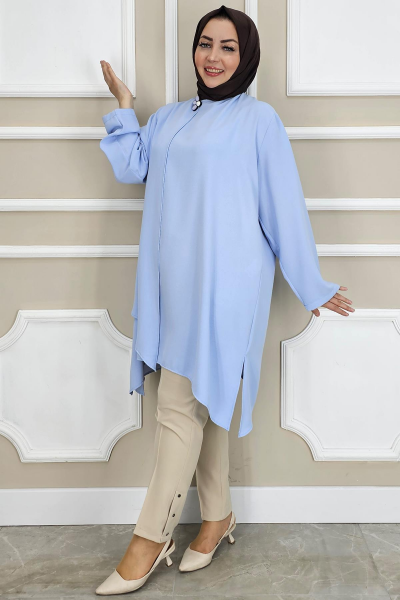 PYS KADIN ASİMETRİK KESİM YAKA KISMI BROŞ DETAYLI TESETTÜR TUNİK BUZ MAVİ - 5 BEDEN