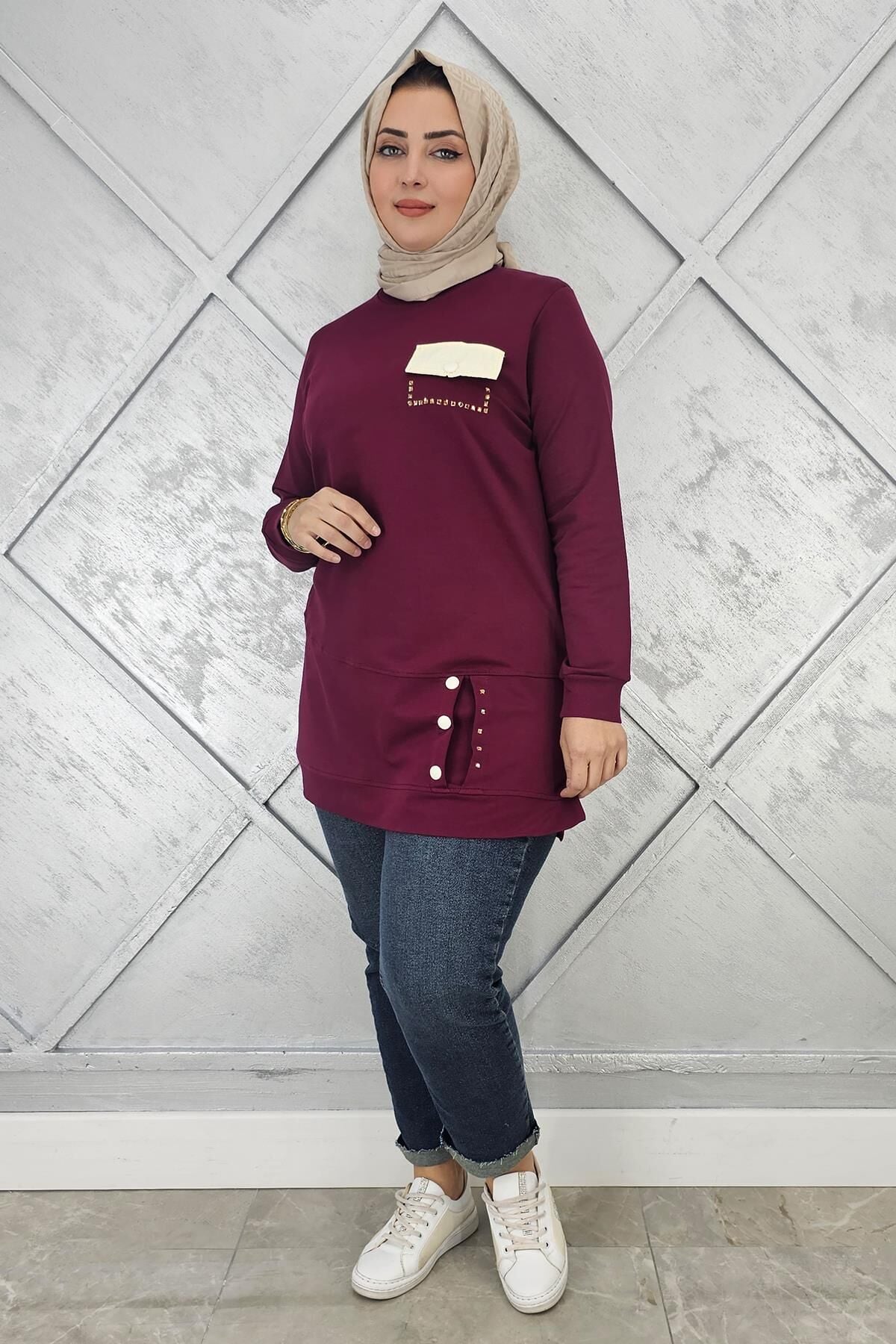 KADIN DÜĞME VE CEP GÖRÜNÜM DETAYLI TESETTÜR TUNİK BORDO - 3XL