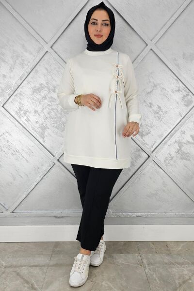 KADIN DÜĞME TAŞ DETAYLI BİYELİ TESETTÜR TUNİK EKRU - 2XL