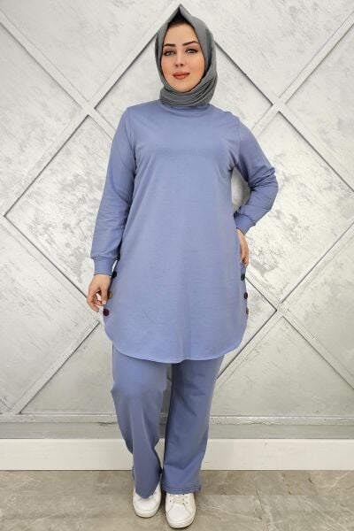 KADIN ETEK ALTI OVAL DÜĞME DETAYLI TESETTÜR TAKIM MAVİ - 3XL