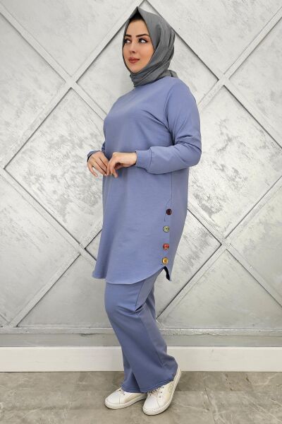 KADIN ETEK ALTI OVAL DÜĞME DETAYLI TESETTÜR TAKIM MAVİ - 3XL