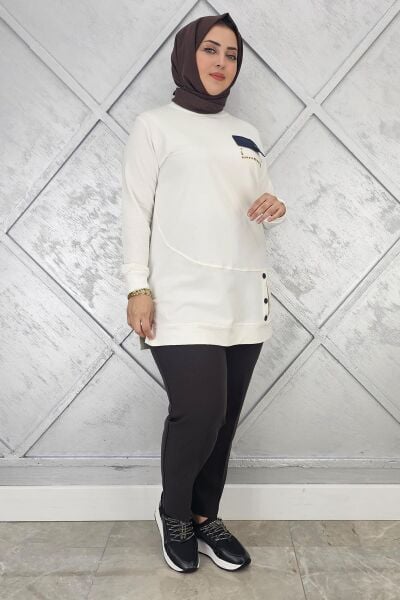KADIN DÜĞME VE CEP GÖRÜNÜM DETAYLI TESETTÜR TUNİK EKRU - XL
