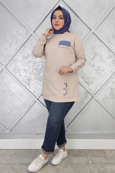 KADIN DÜĞME VE CEP GÖRÜNÜM DETAYLI TESETTÜR TUNİK BEJ - 3XL