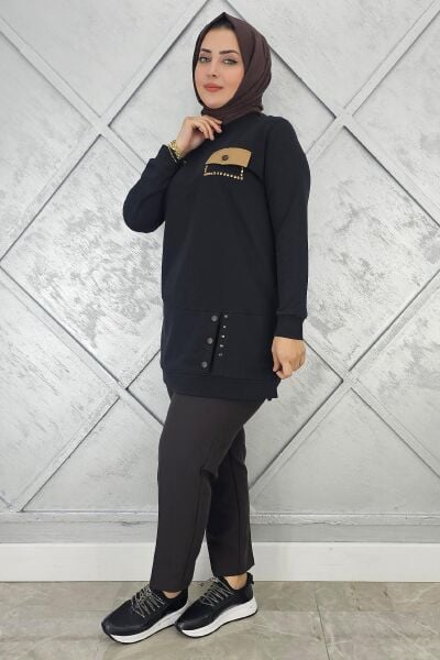 KADIN DÜĞME VE CEP GÖRÜNÜM DETAYLI TESETTÜR TUNİK SİYAH - 2XL