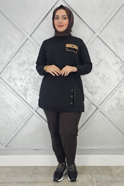 KADIN DÜĞME VE CEP GÖRÜNÜM DETAYLI TESETTÜR TUNİK SİYAH - 2XL
